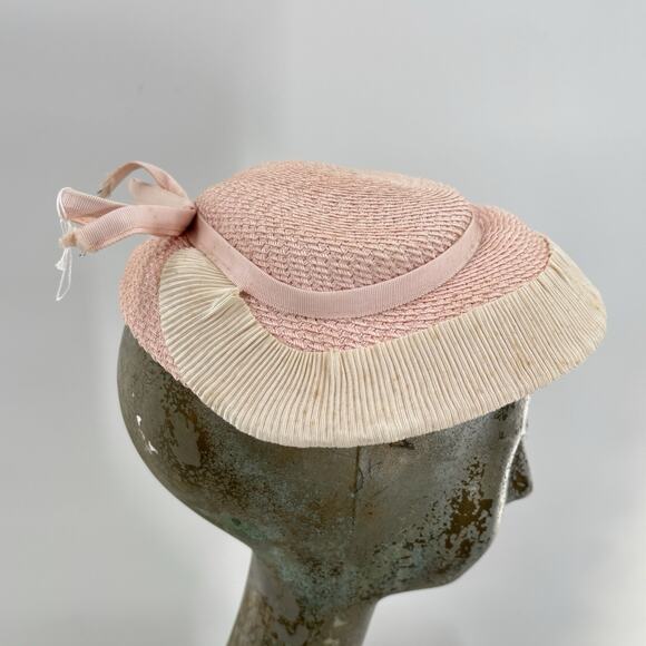 Vtg Pink Woven Straw Wide Brim Sun Hat Grosgrain Ribbon Bow Garden Tea Party main image 11